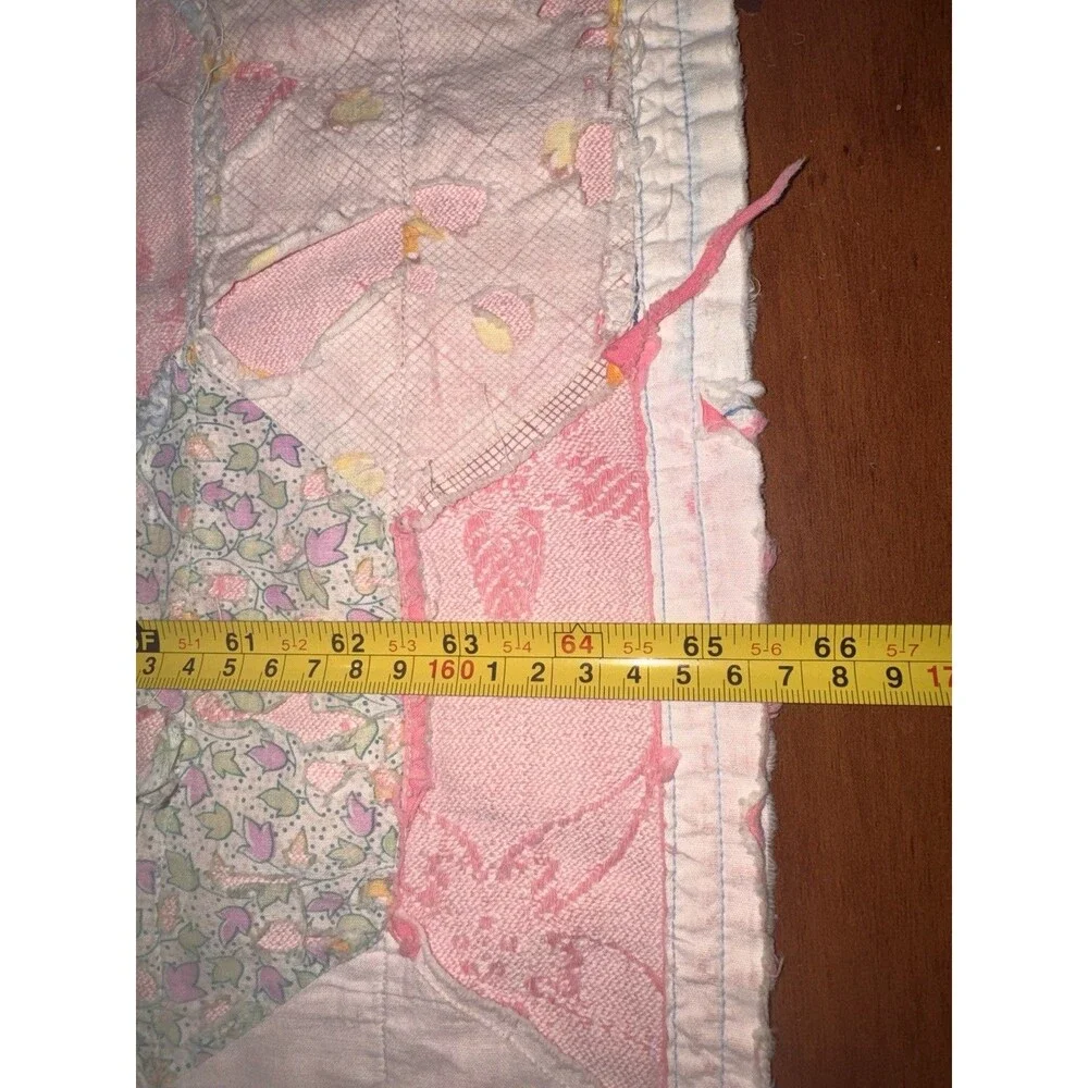 Vintage 20s Hexagon Patchwork Quilt Hand Quilted Twin Pastel Scrappy Cutter AsIs